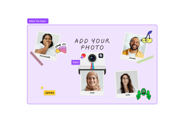 A section labeled "meet the team" featuring the photobooth widget and photos of team members