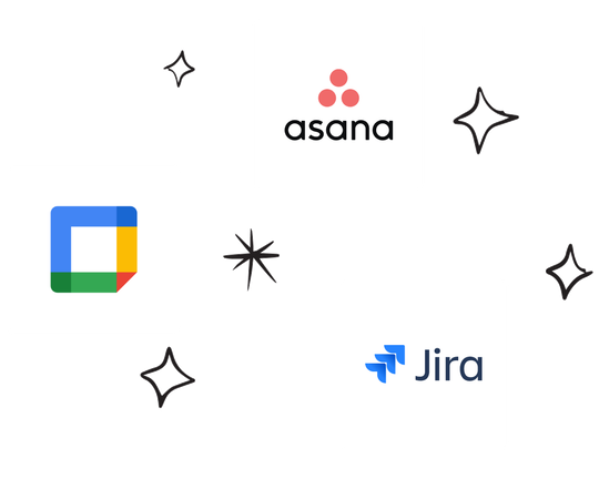 The Asana, Google Cal, and Jira widget logos surrounded by hand-drawn stars