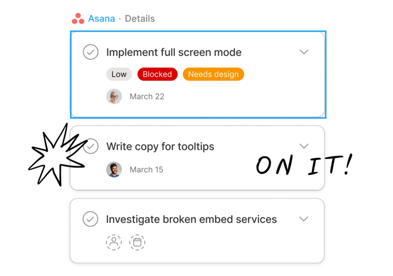 The Asana widget with three tasks that need to be completed