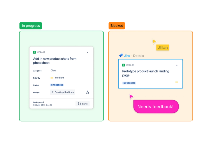 Two sections labeled "in progress" and "blocked" featuring Jira. A cursor chats "needs feedback!"