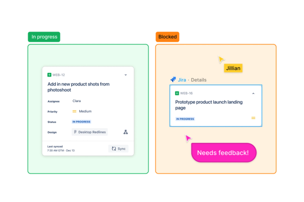 Two sections labeled "in progress" and "blocked" featuring Jira. A cursor chats "needs feedback!"