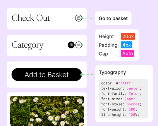 Two teammate cursors using annotations to document design notes for engineering on an e-commerce product page.