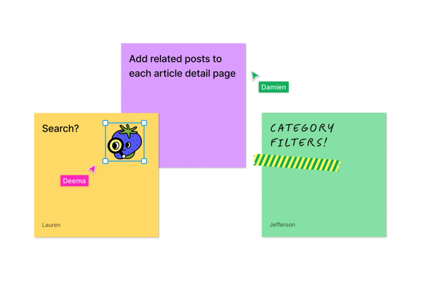 Cursors in a file adding stickers and brainstorming phrases on sticky notes
