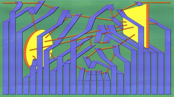 An abstract digital illustration featuring interconnected geometric shapes in a vibrant color palette. The composition consists of tall, three-dimensional blue structures resembling columns or beams, arranged in a staggered pattern. These structures have angular extensions that are connected by thin orange rods, creating a web-like effect. Two large yellow circular and rectangular shapes are present in the background, possibly resembling the sun and a doorway, set against a green textured backdrop. The artwork has a mechanical and architectural feel, with a surreal, almost kinetic energy.