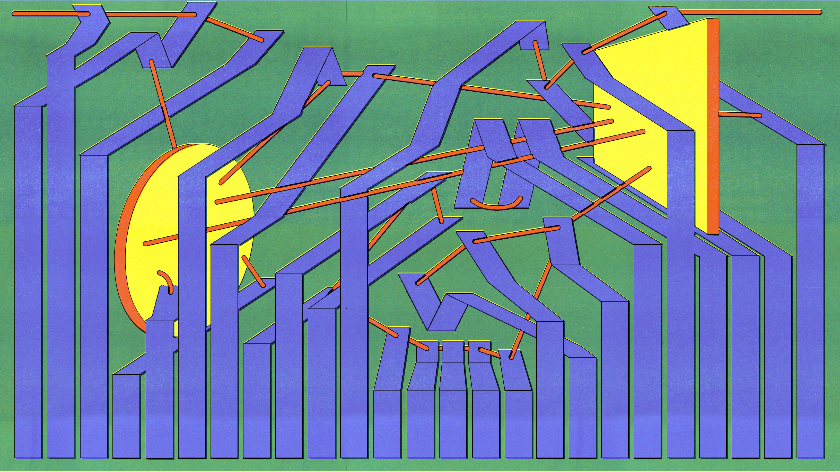 An abstract digital illustration featuring interconnected geometric shapes in a vibrant color palette. The composition consists of tall, three-dimensional blue structures resembling columns or beams, arranged in a staggered pattern. These structures have angular extensions that are connected by thin orange rods, creating a web-like effect. Two large yellow circular and rectangular shapes are present in the background, possibly resembling the sun and a doorway, set against a green textured backdrop. The artwork has a mechanical and architectural feel, with a surreal, almost kinetic energy.