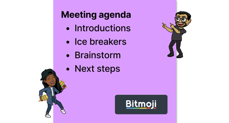 A sticky note with a meeting agenda and two bitmojis of team members