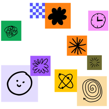 Stickies of various colors and sizes arranged artfully, featuring hand-drawn icons and patterns